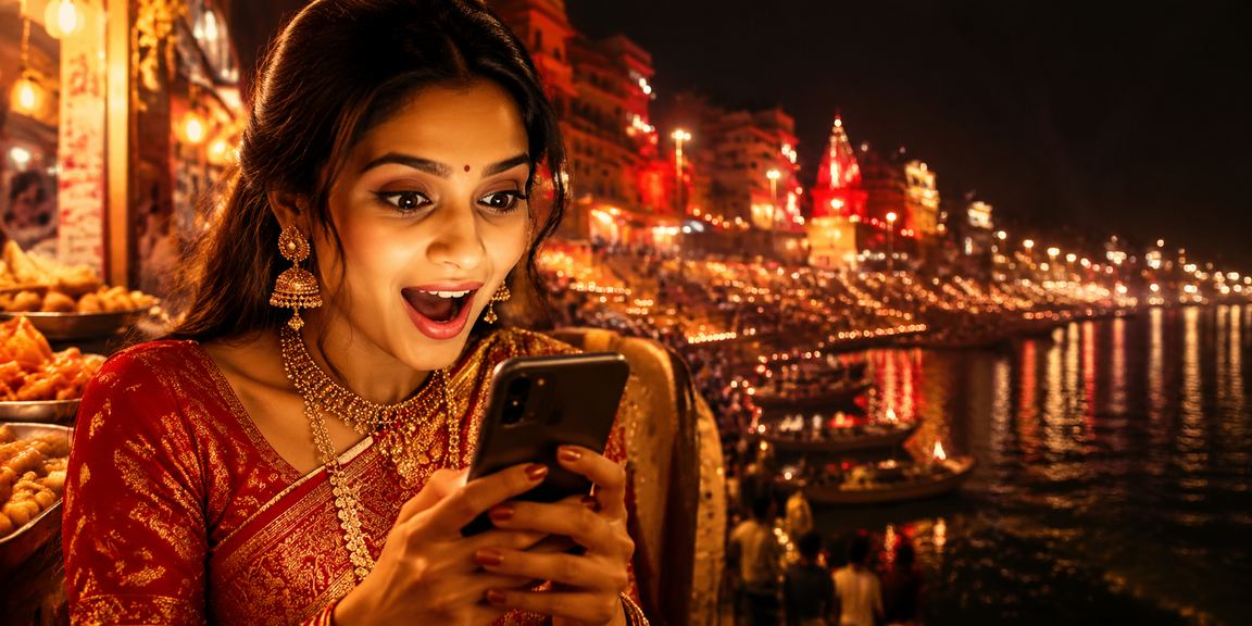 User making a secure UPI deposit at Varanasi Ghat